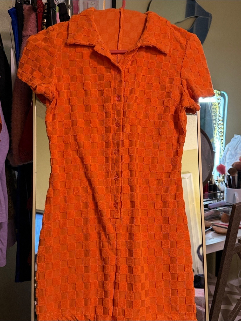 Orange Textured Button-Front Women’s romper retro